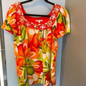 Nanette Lepore Bright Floral and Beaded Blouse